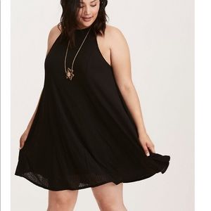 Ribbed knit high neck trapeze dress